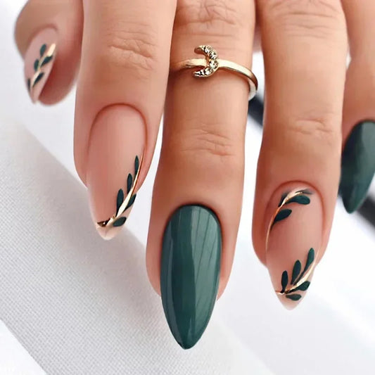 Green Leaves Almond Press-On Nails