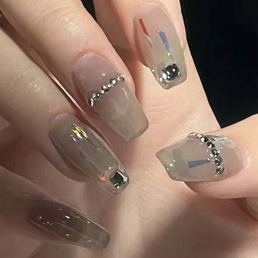 Luxury Gray Square Diamond Press-On Nails