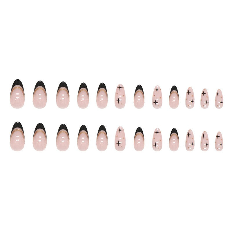 Black French Gold Glitter Almond Press-On Nails