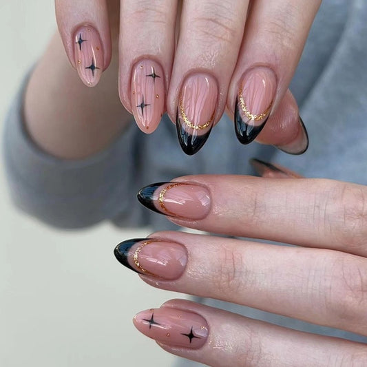Black French Gold Glitter Almond Press-On Nails