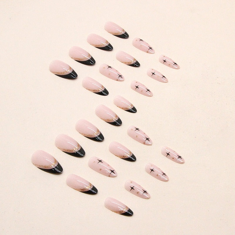 Black French Gold Glitter Almond Press-On Nails